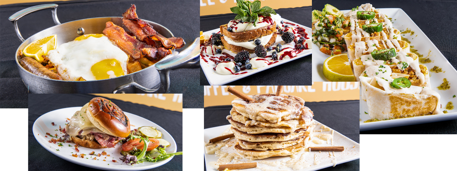 Collage of photos showing the range of food at QC Coffee and Pancake House, including cinnamon roll pancakes, breakfast burgers, wraps, and more